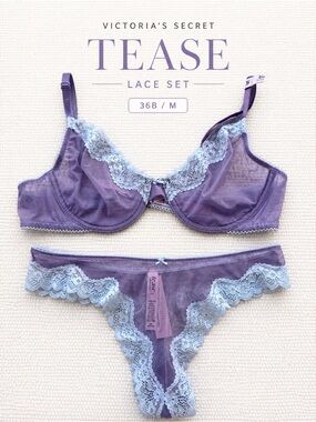 Victoria’s Secret Tease Lace Bra 36B + Panty Set Purple Blue NWT